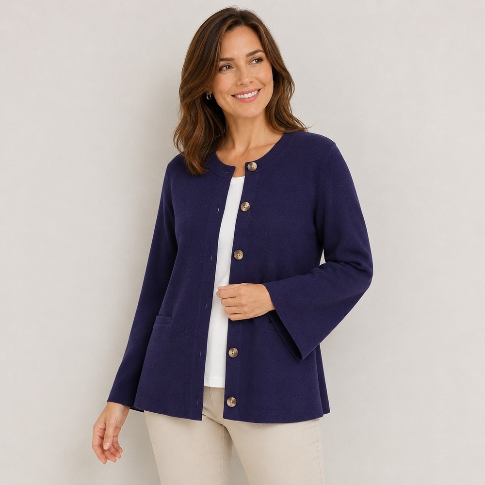 Chicos Navy Blue Button Front Cardigan Sweater Rayon Blend Size 3 XL Round Neck‎